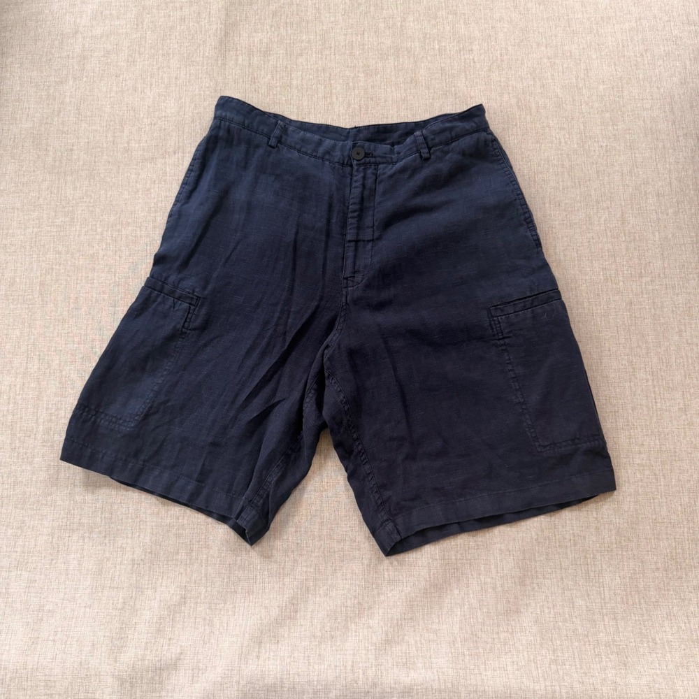 Zara 100% Linen Cargo Shorts Mens Size Medium Navy Blue Casual Summer